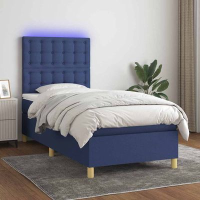 vidaXL Posteľ boxsping s matracom a LED modrá 90x190 cm látka
