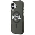 Puzdro Karl Lagerfeld Magsafe IML glitter case kovový rám fotoaparátu a tlačidlá s logom Karl a Choupette sketch pre iPhone 17 čierne