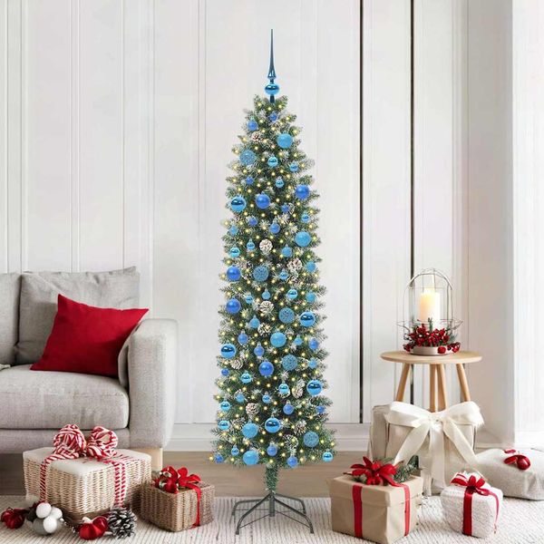 vidaXL Umelý chudý vianočný strom s 300 LED-i Zelená a biela 180 cm