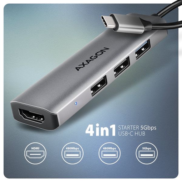 AXAGON HMC-H3A, USB 5Gbps hub, 3x USB-A, HDMI 4k/30Hz, kábel USB-C 15cm Dokovacia stanica, USB-C, 1× USB 3.0, 2× USB 2.0, 1× USB-C, 1× HDMI, hliník, sivá
