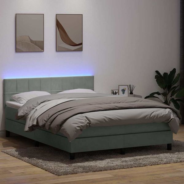 vidaXL Posteľný rám boxsping s matracom a LED bledosivý 140x210 cm zamat