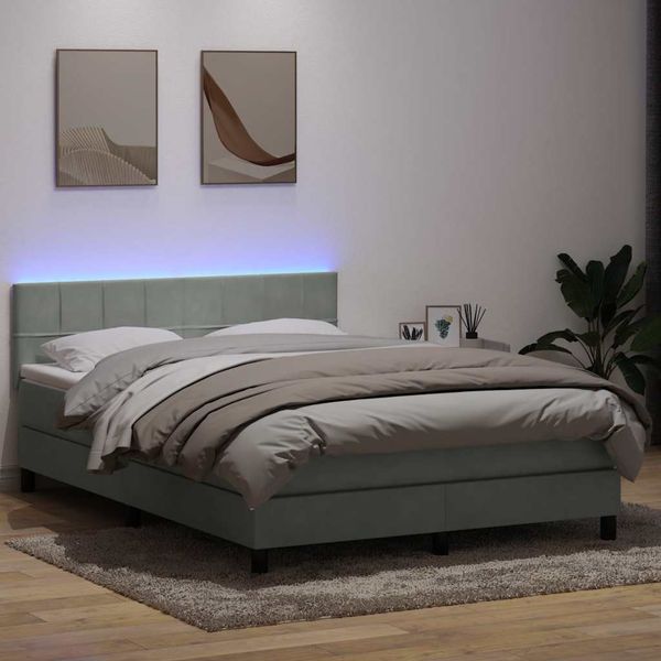 vidaXL Box Spring Posteľ s matracom a LED Svetlosivá 160x220 cm Zamat