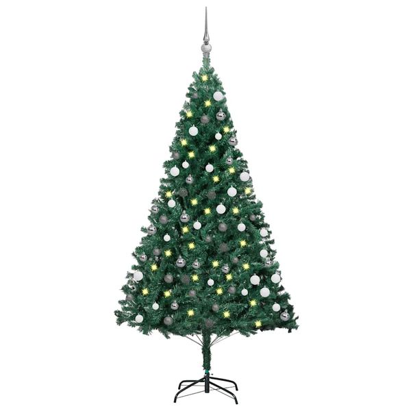 vidaXL Osvetlený umelý vianočný stromček s guľami, zelený 180 cm, PVC