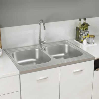vidaXL Kuchynský drez, 2 vaničky, strieborný 800x600x155 mm, oceľ