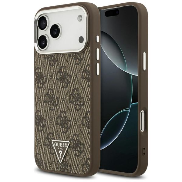 Guess Case Magsafe 4G PU kožené puzdro s trojuholníkovým logom a strieborným kovovým rámom fotoaparátu pre iPhone 17 Pro Max hnedé