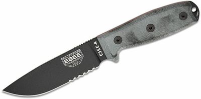 ESEE-4S-MB-B Serrated univerzálny nôž 11,4 cm, čierna, šedá, Micarta, čierne plastové puzdro MOLLE
