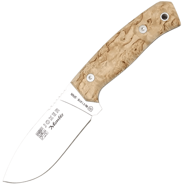 JOKER CL59 Montes outdoorový nôž 10,5 cm, Satin, drevo kučeravej brezy, kožené puzdro