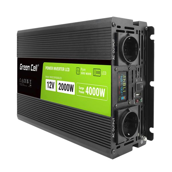 INVGC12P2000LCD Green Cell automobilový menič napätia 12V/230V 2000W/4000W, LCD displej