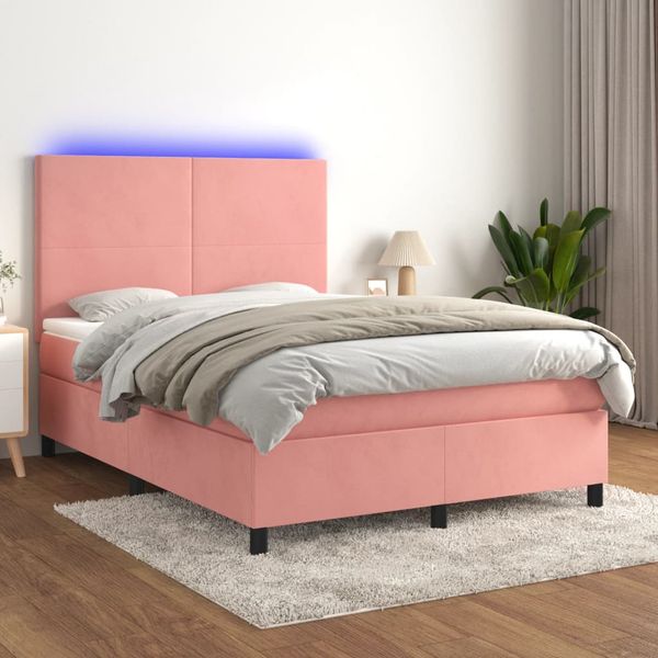 vidaXL Posteľný rám boxsping s matracom a LED ružový 140x190 cm zamat