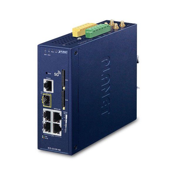 Planet dual 5G/LTE bezpečnostní brána, 2xWAN + 3xLAN/1xSFP, DI/DO, GPS, DIN, IP30, -40/+75°C, dual 9-54VDC Bezpecnostní brána, 3× LAN, 1× LAN/WAN, 1× SFP LAN/WAN, 5G NR, LTE, GPS, 2× SIM slot, DIN, IP30, -40 až +75°C, dual DC 9-54V