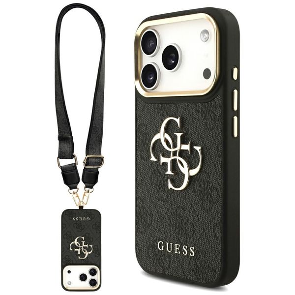 Guess Case 4G PU Leather Case Big 4G And Classic Logo With Big 4G PU Nylon Strap And Metal Camera And Buttons For iPhone 17 Pro Black