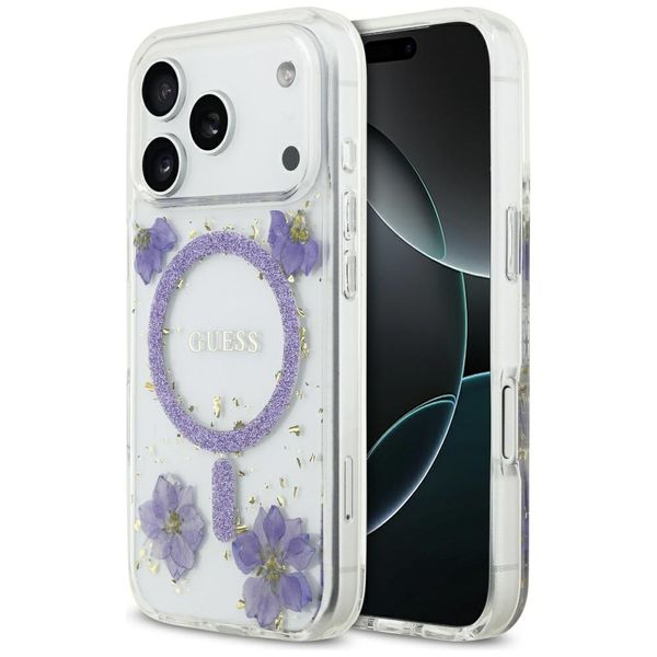 Puzdro Guess Resin Flowers Glitter MagSafe pre iPhone 17 Pro fialové
