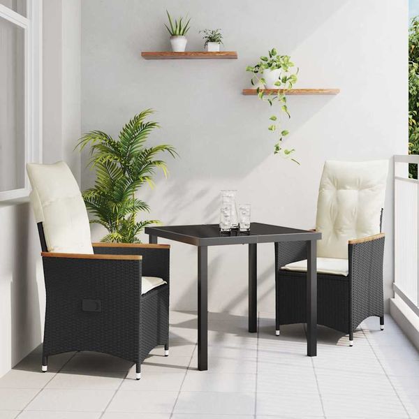 vidaXL Záhradný jedálenský set s vankúšom 3 pcs Čierna polyratan