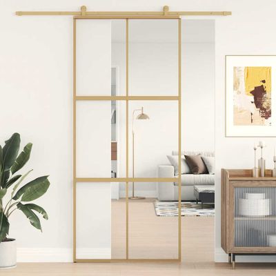 vidaXL Posuvné dvere zlaté 90x205 cm číre ESG sklo a hliník