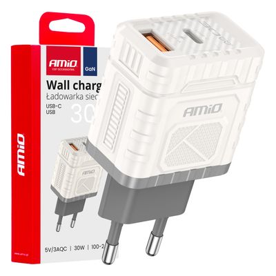 Sieťová nabíjačka Quick Charge GaN 30W USB-A + USB-C AMiO-04286