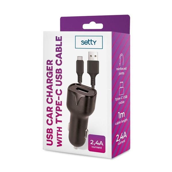 SETTY Autonabíjačka 1x USB 2,4A čierna + USB-C kábel 1,0 m (GSM108845)