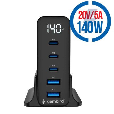 GEMBIRD 5-port 140 W GaN USB, Rýchlonabíjačka 140W