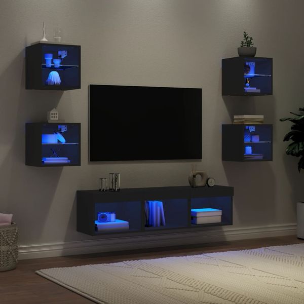 vidaXL 7-dielne TV nástenné skrinky s LED čierne kompozitné drevo