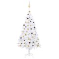 vidaXL Osvetlený umelý vianočný stromček s guľami, biely 210 cm, PVC