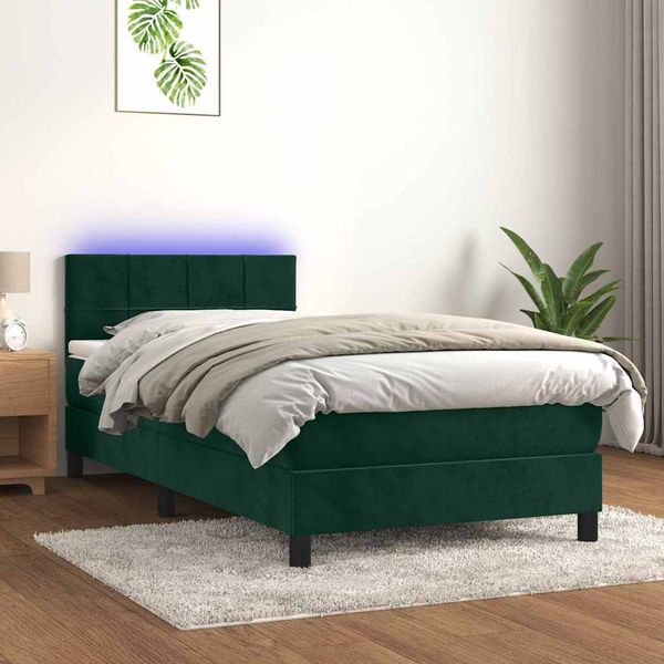 vidaXL Posteľný rám boxsping matrac a LED tmavozelený 100x200 cm zamat