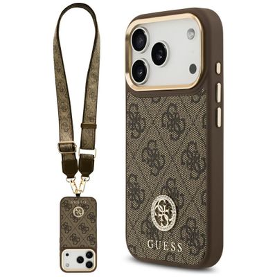 Púzdro Guess 4G Strass Logo & Big Strap Metal Buttons MagSafe pre iPhone 17 Pro hnedé