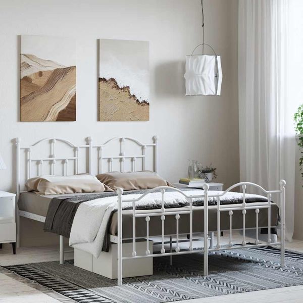 vidaXL Kovový rám postele s čelom a podnožkou biely 135x190 cm