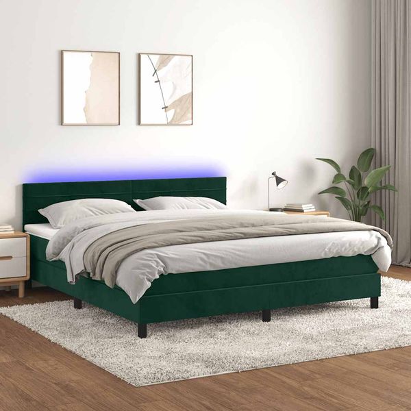 vidaXL Posteľný rám boxsping matrac a LED tmavozelený 180x200 cm zamat