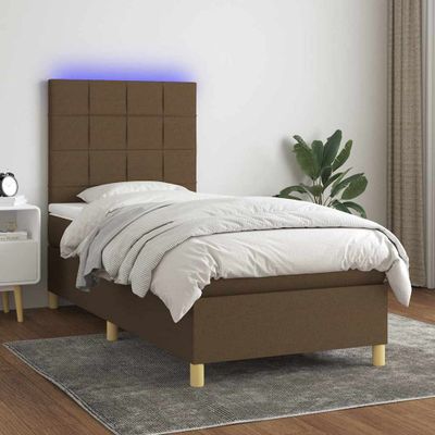 vidaXL Posteľ boxsping s matracom a LED tmavohnedá 90x200 cm látka