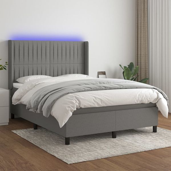 vidaXL Posteľ boxsping s matracom a LED tmavosivá 140x200 cm látka