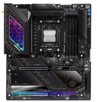 ASRock X870E Taichi / AMD X870E / AM5 / 4x DDR5 DIMM / 4x M.2 / HDMI / USB-C / WiFi / EATX Základní deska, AMD X870E, AM5, 4× DDR5 DIMM (max. 256GB), 4× M.2, HDMI, 2× USB-C, Wi-Fi, E-ATX