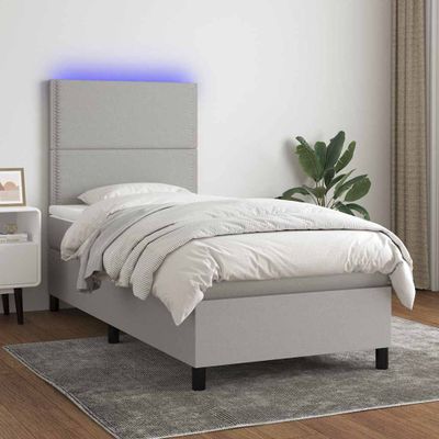 vidaXL Posteľ boxsping s matracom a LED bledosivá 90x200 cm látka