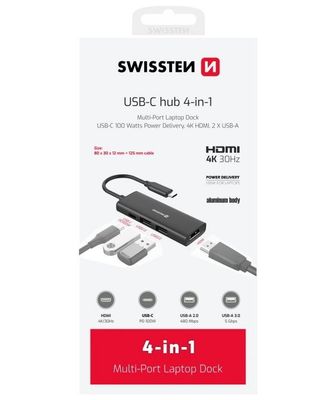 Swissten usb-c hub 4-in-1 (usb-c 100w, hdmi 4k, 2x usb-a) aluminium