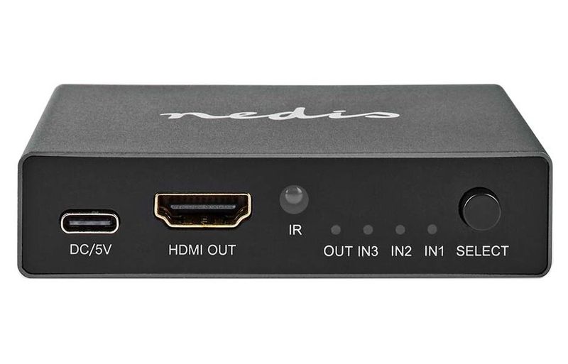 NEDIS HDMI přepínač/ 3x HDMI vstup/ 1x HDMI výstup/ 8K@60Hz/ 45 Gbps/ dálkově ovládaní/ hliník/ antracit HDMI prepínac, 3× vstup, 1× výstup, 8K@60Hz, 4K@120Hz, 48 Gbps, HDCP 2.3, dálkový ovladac, hliník, antracit