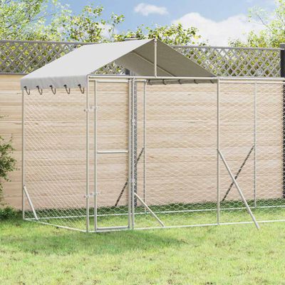 vidaXL Vonkajší koterec pre psov so strechou strieborný 14x2x2,5m oceľ
