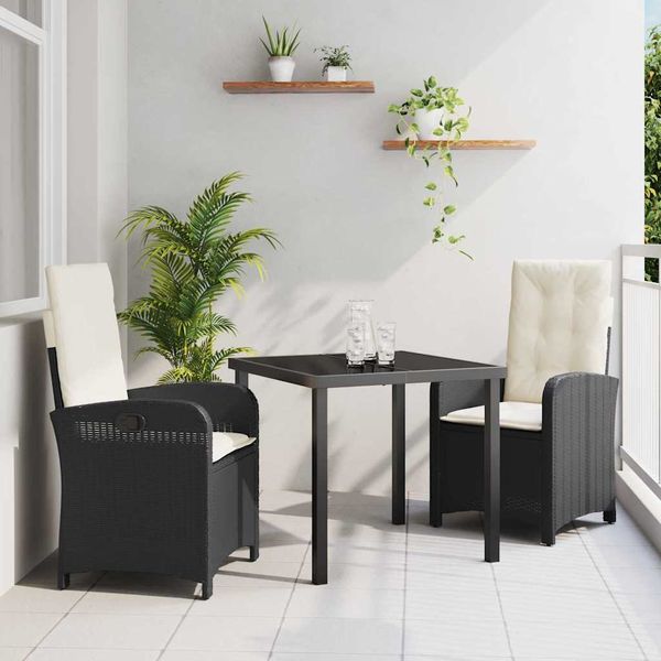 vidaXL Záhradný jedálenský set s vankúšom 3 pcs Čierna polyratan