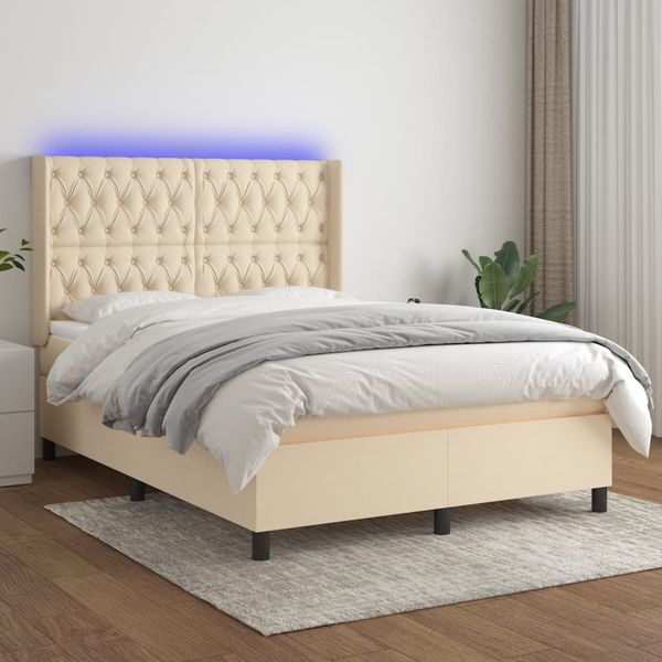 vidaXL Posteľ boxsping s matracom a LED krémová 140x190 cm látka