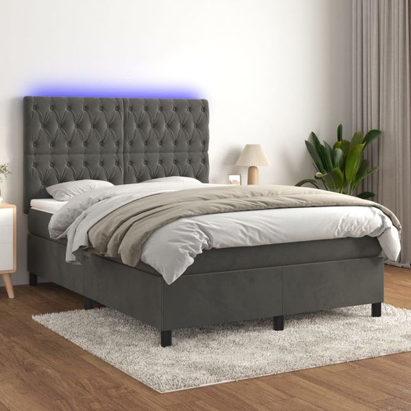vidaXL Posteľ boxsping s matracom a LED tmavosivá 140x190 cm zamat