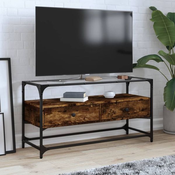 vidaXL TV skrinka sklenená doska dymový dub 98x35x51 cm kompoz. drevo