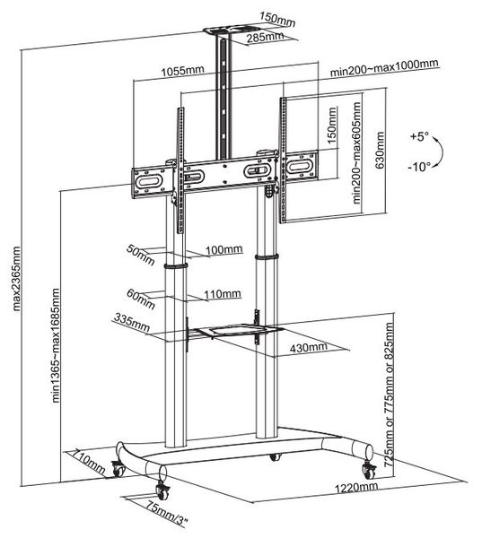 Neomounts PLASMA-M1950E / Mobile Flat Screen Floor Stand (height: 134-166 cm) / Black Stojan, pojízdný, VESA, pro LCD a TV 60"-100", nosnost 100kg, výška 134-166cm, náklon 15°, 2 police, cerný