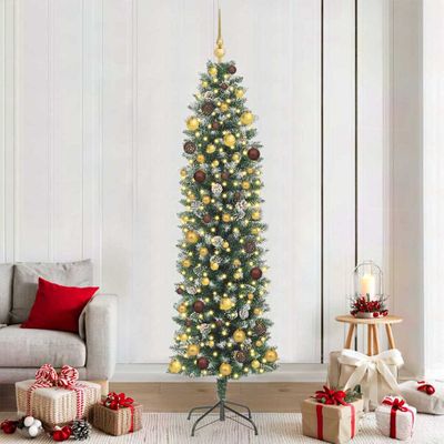 vidaXL Umelý chudý vianočný strom s 300 LED-i Zelená a biela 210 cm