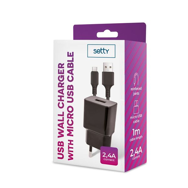 SETTY nabíjačka 1x USB 2,4A čierna + microUSB kábel 1,0 m (GSM108851)