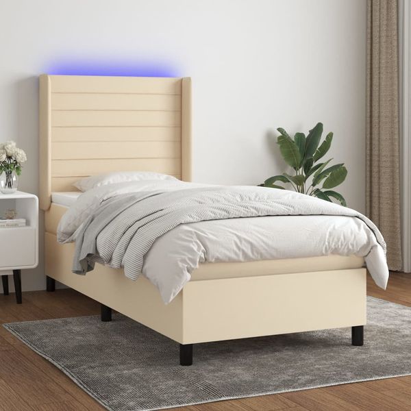 vidaXL Posteľ boxsping s matracom a LED krémová 90x190 cm látka