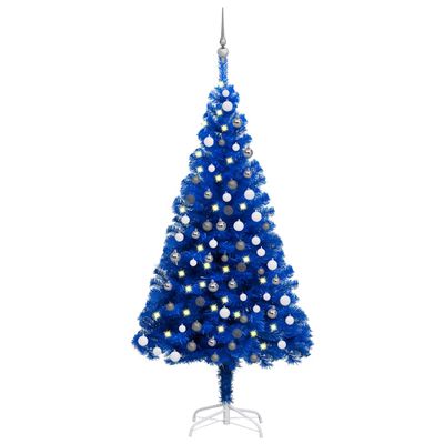 vidaXL Osvetlený umelý vianočný stromček s guľami, modrý 180 cm, PVC