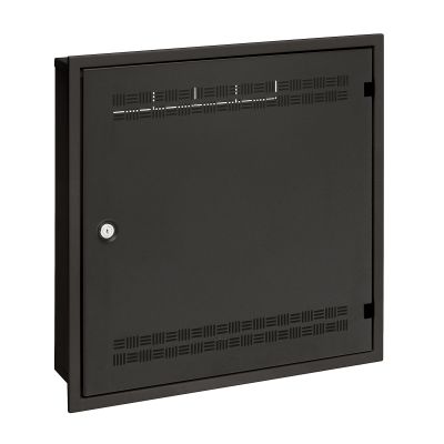 Rozvádzač SOHO LC-18 do steny s lištami 2U, 4U a 11U, 550x550 čierna RAL9005 s rámčekom na zamurovanie