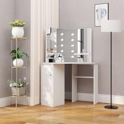 vidaXL Rohový toaletný stolík make-up stolík s LED osvetlením biely