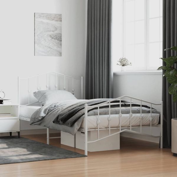 vidaXL Kovový rám postele s predným a zadným čelom biely 107x203 cm