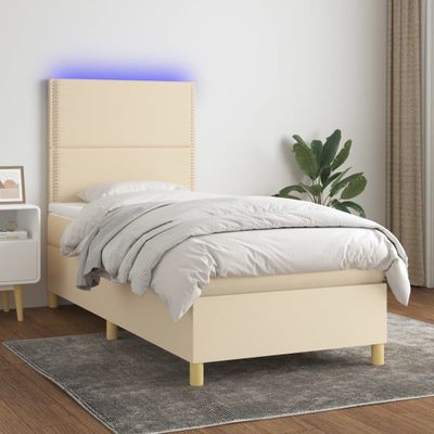 vidaXL Posteľ boxsping s matracom a LED krémová 90x190 cm látka