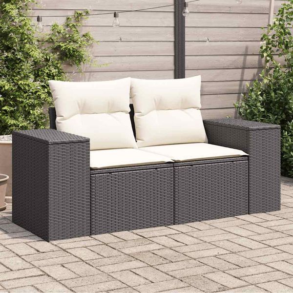 vidaXL Záhradná pohovka s vankúšmi 2-miestna čierna polyrattan