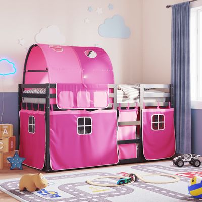 vidaXL Poschodová posteľ so závesmi ružová 80x200 cm masívna borovica