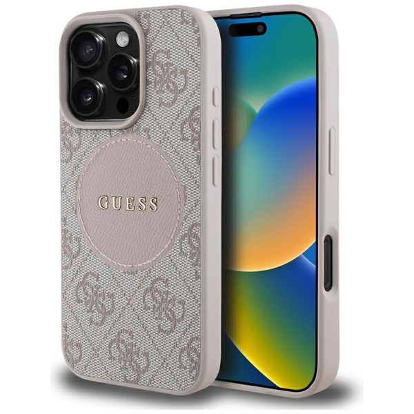 Guess HC MagSafe PU 4G Circle s klasickým logom pre iPhone 16 Pro Max ružová